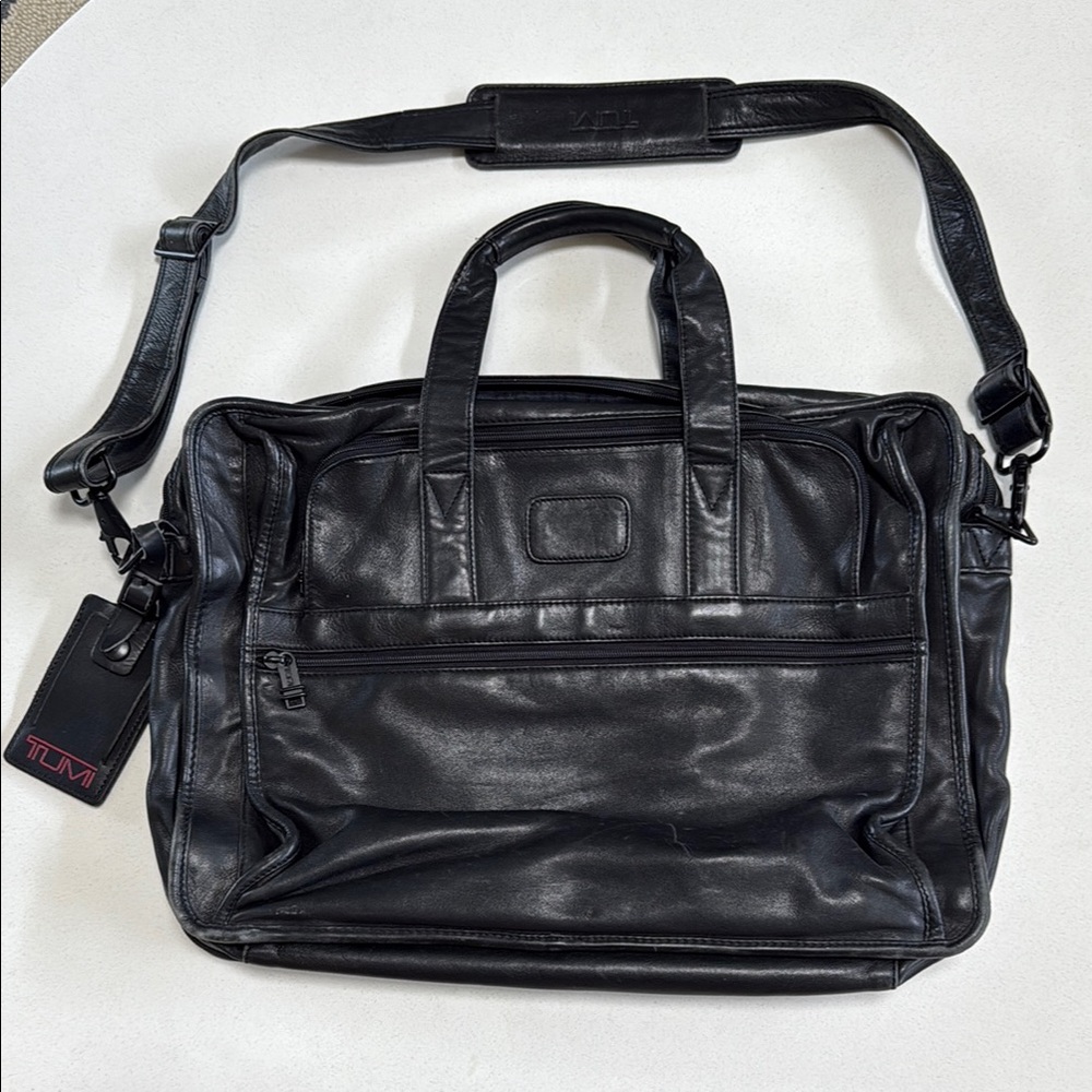 Tumi Black Leather Briefcase with Shoulder Strap